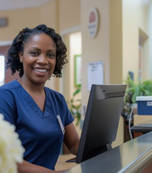 Friendly dental team member standing behind front desk