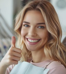 Beautiful dental patient making thumbs up gesture