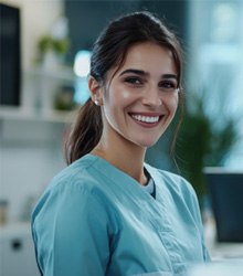 Happy, smiling woman in dental clinic setting