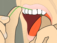 Animated smile with floss between teeth pressed up to the gum line