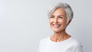 Smiling gray-haired woman with beautiful teeth